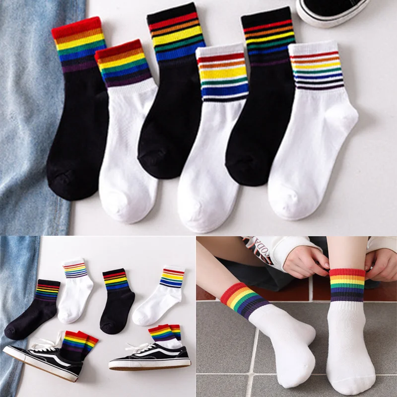 1 Pair New Fashion Cotton Rainbow Stripes Socks Christmas Gift Classic Warm Casual Tide Funny Cute Pop Korean Socks for Women