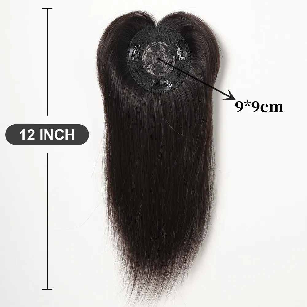 100% Remy Human Hair Toppers Black Natural Color Human Hair Toppers with Bangs Silk Base Clip in Topper for Women Thinning Hair