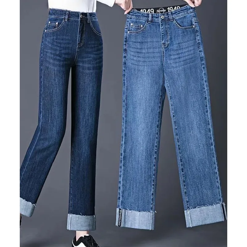 

Ankle Length Stretch Denim Pants Hight Waist Cuffs Straight Jeans Korean Streetwear New Wide Leg Kot Pantolon Baggy Oversize 4xl