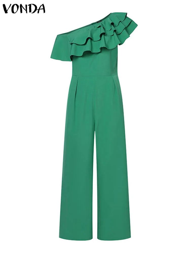 Plus Size 5XL VONDA Elegant Office Jumpsuits Women Long Rompers 2024 Summer Casual Solid Color Ruffled Off Shoulder Overalls