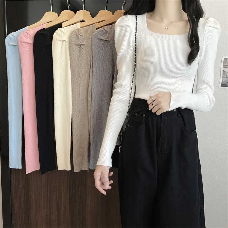 Spring 2023 Korean Style Square Collar Knitted Short Bubble Sleeve Low Neck Base Shirt Women's Fashion Commute Pure Color Top