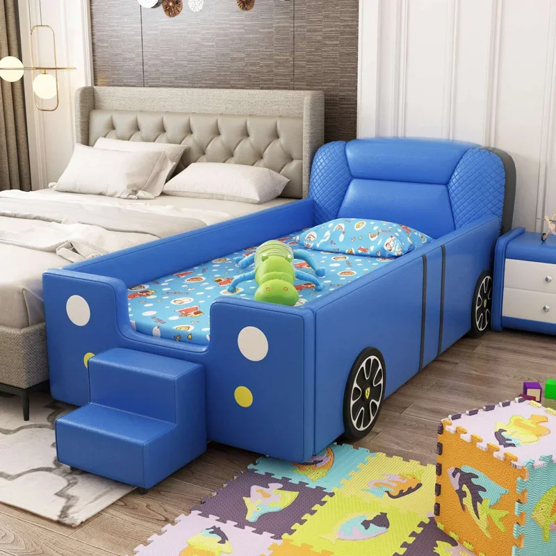 Children's furniture Children's bed Car boy single bed Blue sports car  with guardrail Solid wood splicing Wide