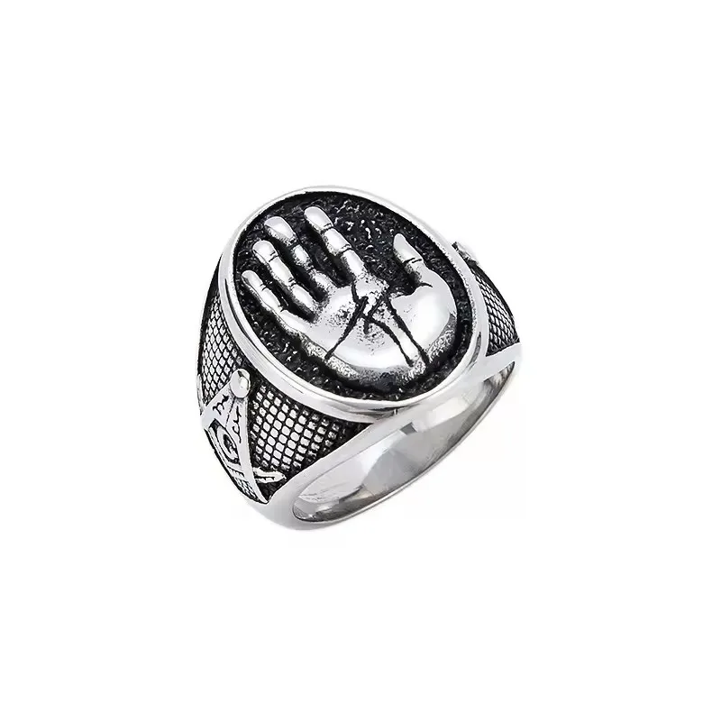 

New Hand Shape Men Stainless Steel Ring Antique Silver Freemason Ring Masonic Rings