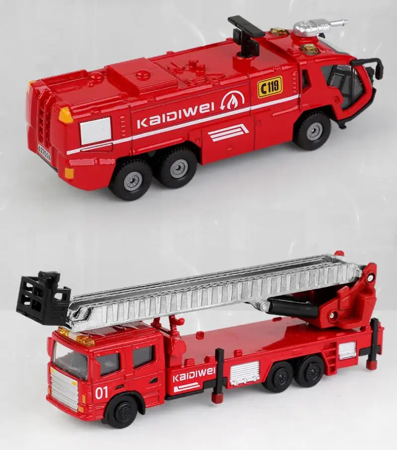 Kaidiwei Alloy Fire Truck Toy Car Set Diecast Model Alloy Firefighter Toy Simulation Rescue Ladder Engine Vehicle Christmas Gift