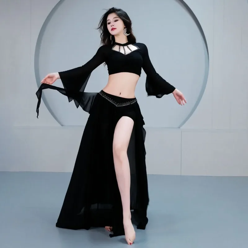 Costumes de danse du ventre personnalisés, nouvel ensemble, haut à manches longues, tenue d'entraînement, ruban de feuille de lotus, jupe longue fendue avec pantalon de sécurité, 2 pièces