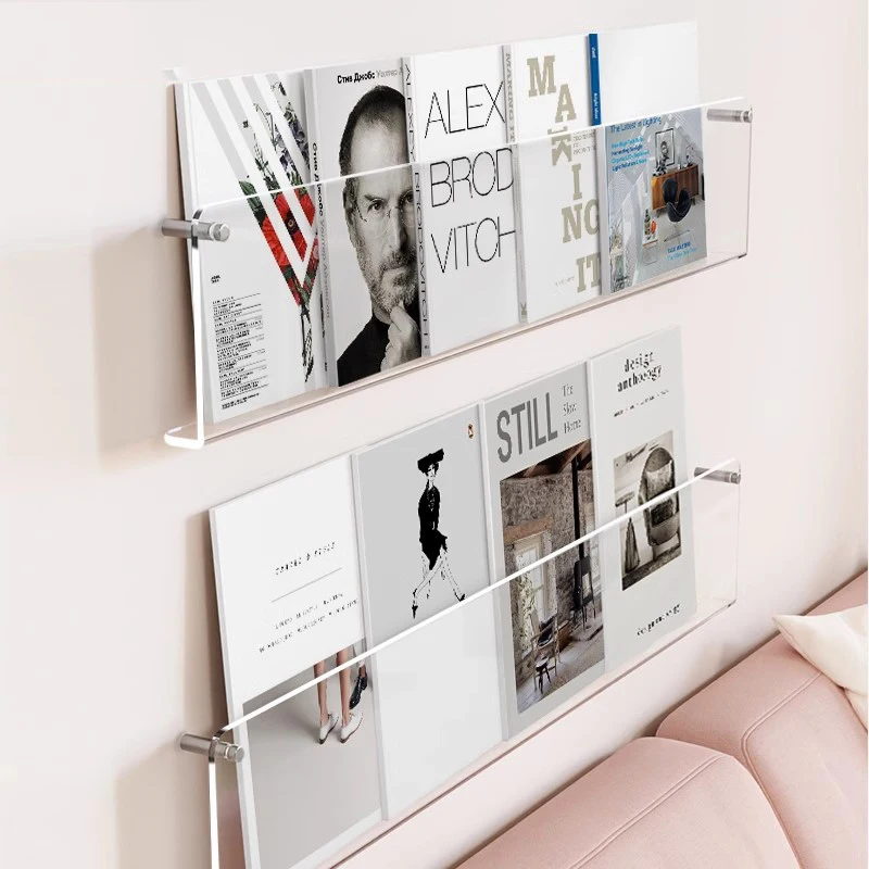 Wall Acrylic Bookshelf, Home Display Rack, Bedroom Bookshelf, Punch-Free Storage Rack, Picture Book,Magazine Display Rack