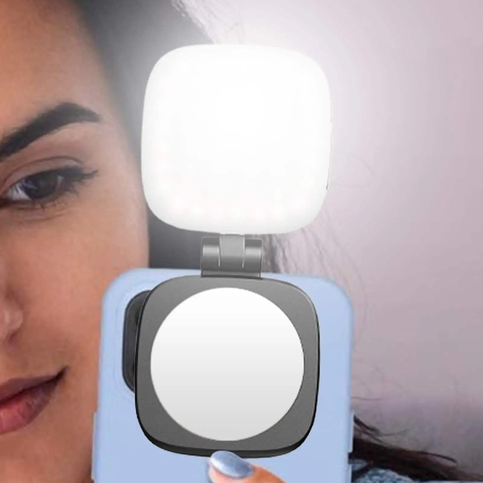 磁気式スマホ自撮りライト 5段階調光 折りたたみ式LEDライト 化粧鏡付き Vlog撮影 ライブ配信用