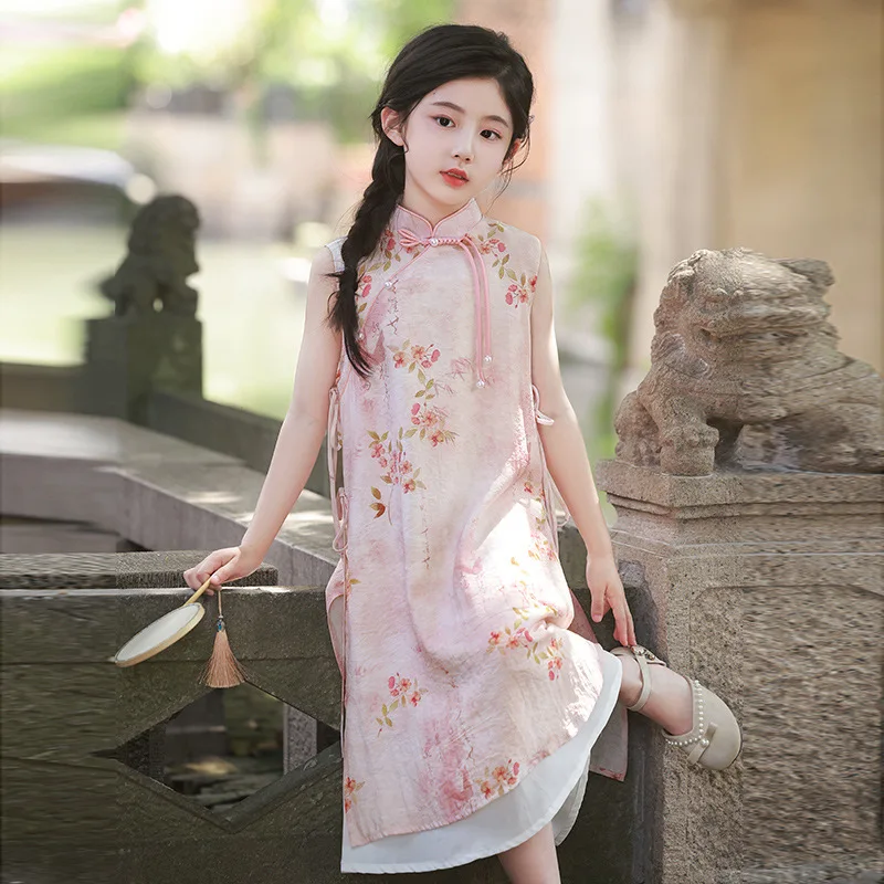 Girls' dress cheongsam new Chinese summer style floral princess dress, little girls' performance outfit