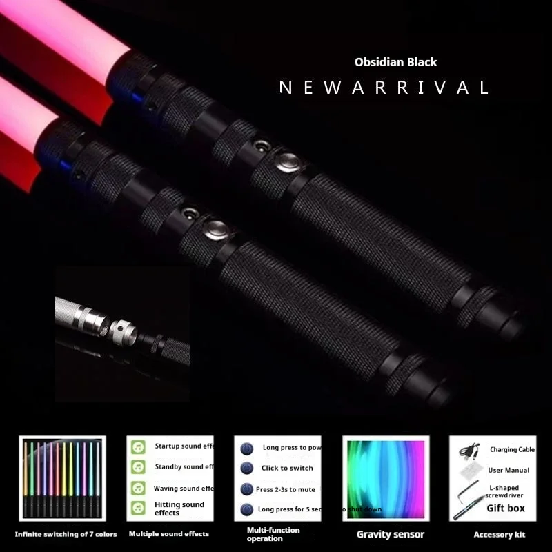 Giocattolo spada laser RGB - Spada vibrante in metallo con effetti luminosi colorati, spada laser sicura per bambini (16 colori)