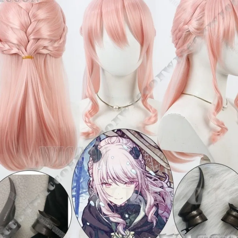 

Akiyama Mizuki Game PJSK Amia Coaplay Pink Curly Wig Braid Hair Black Horn Prop Kawaii Girl Women Halloween Nvidad Carnaval Cos