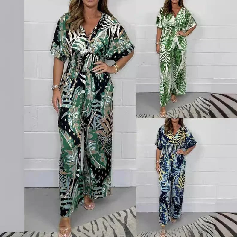 

Женский комбинезон с высокой талией и широкими штанинами, длинные брюки с принтом, цельный костюм из полиэфирного волокна, весна 2023, модная женская одежда