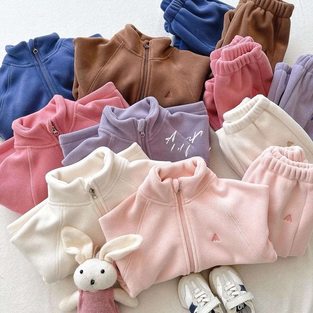 

Winter Children's College Sle Fce Lined Zipper Jaet And Casual Pants Two Piece Set Warm And Comfortable for Girls