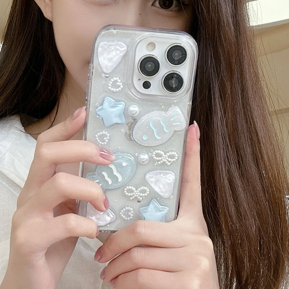เคสซิลิโคนลายโบว์ไข่มุกดาวทะเล3D ปลาในฤดูร้อนรักหัวใจใสสำหรับ iPhone 16 15 14 PLUS 13 12 11 PRO MAX