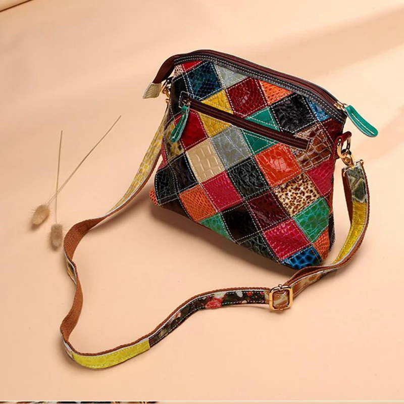 LOMANTINA  Genuine Leather Casual Multi Color Messenger Bag Snake Pattern Women\'s Colorful Flowers Tassels Single Shoulder Purse