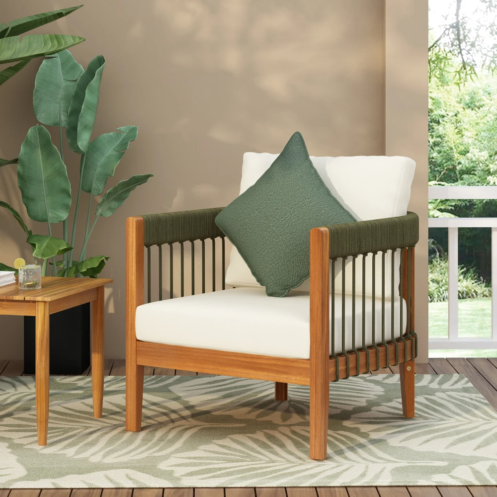 

YQXH Acacia Wood Outdoor Club Chair with Handwoven Rope Accents & Curved Backrest - Water-Resistant Boho Patio Lounge Chair with