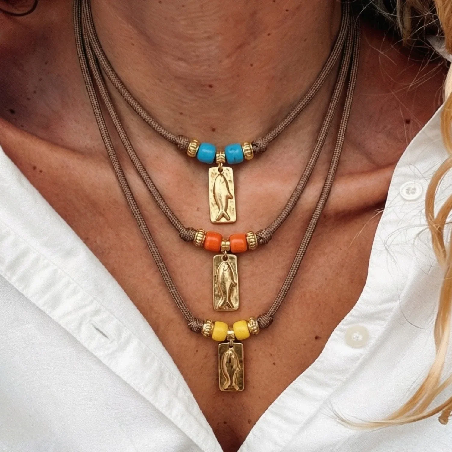 2026 Bohemian Ocean Little Fish Turquoise Pull-Adjustable Tarot Guardian Pendant Necklace Simple Vintage Women's Jewelry