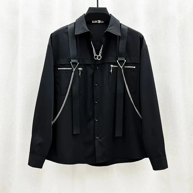 

ARENS Autumn Male High Quality Niche Design Strap Chain Shirts Trendy Ins Functional Loose Outdoor Motorcycle Simple Tops