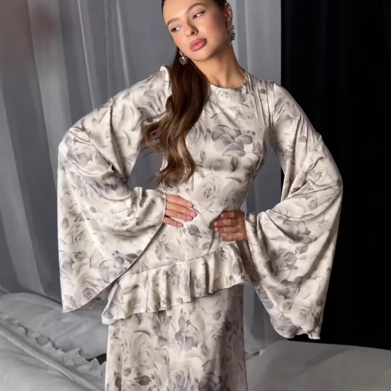 

European Station2025Spring New Round Neck Elegant Waist-Cinching Printed Design Dress for Women Long Dress