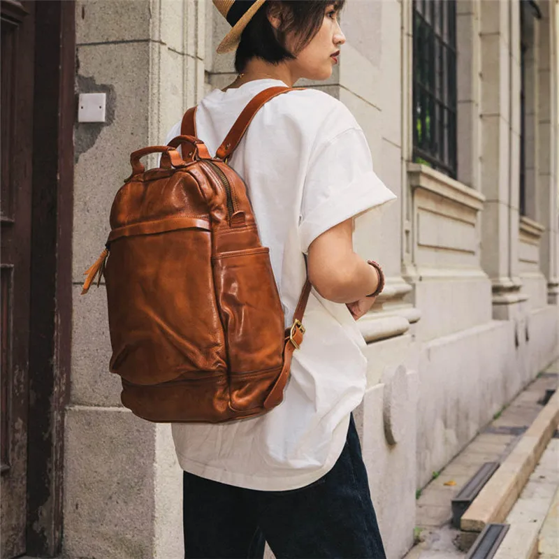 Vintage casual outdoor daily handmade luxury genuine leather men's backpack cowhide women's large-capacity computer schoolbag