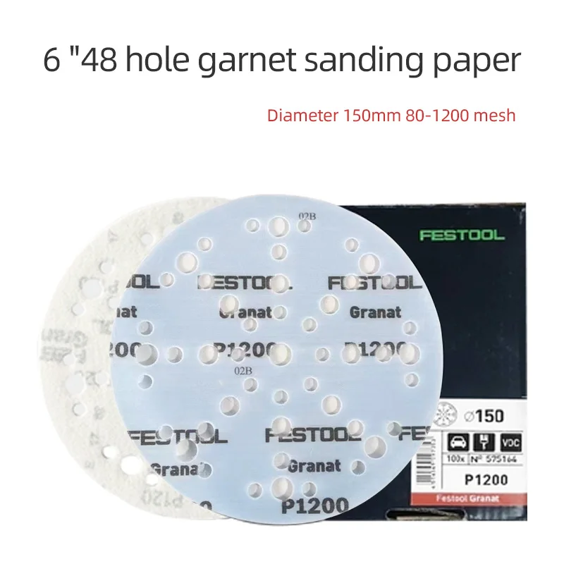 

German Festool Dry Sandpaper Granat Sandpaper 6 Inches 48 Holes 80-1200 Mesh Disc Flocking Grinding Sheet