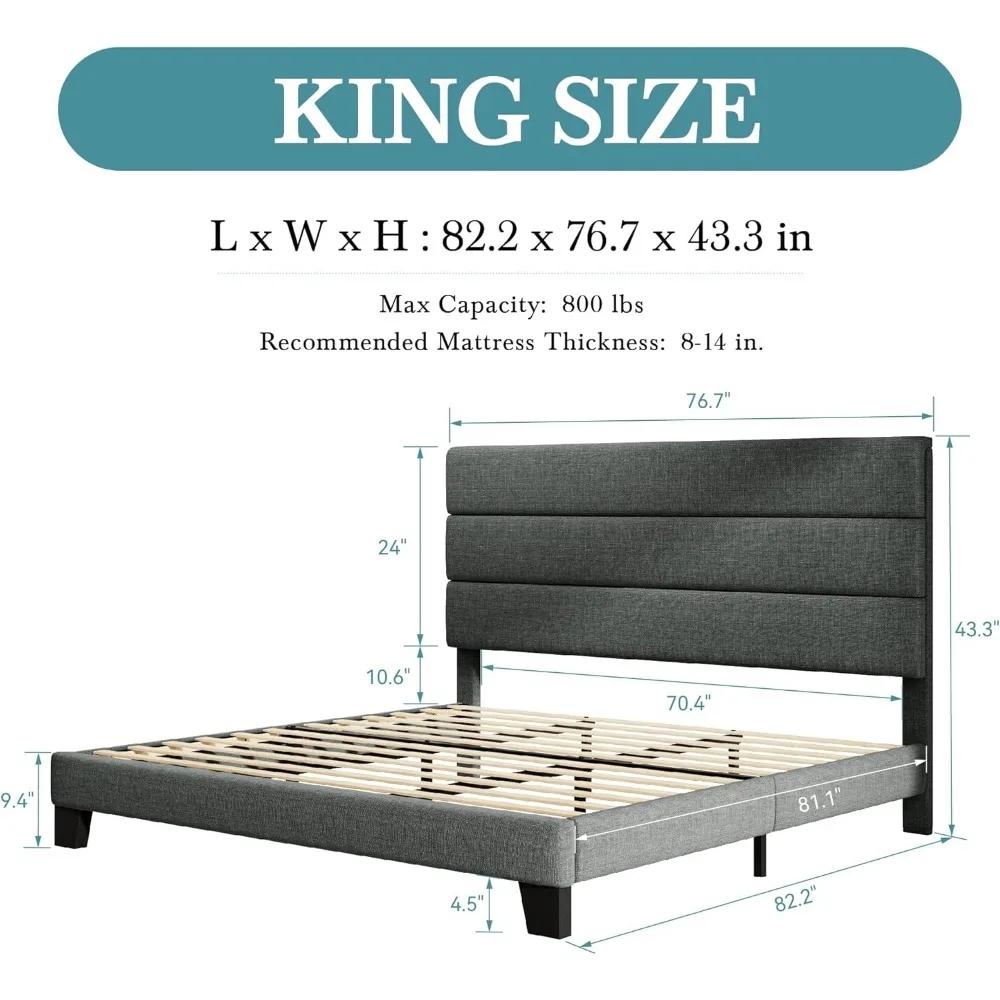 Platform Bed with Headboard, Fabric Upholstered Bed Frame, Strong Wood Slats Support, Easy Assembly, No Box Spring Needed