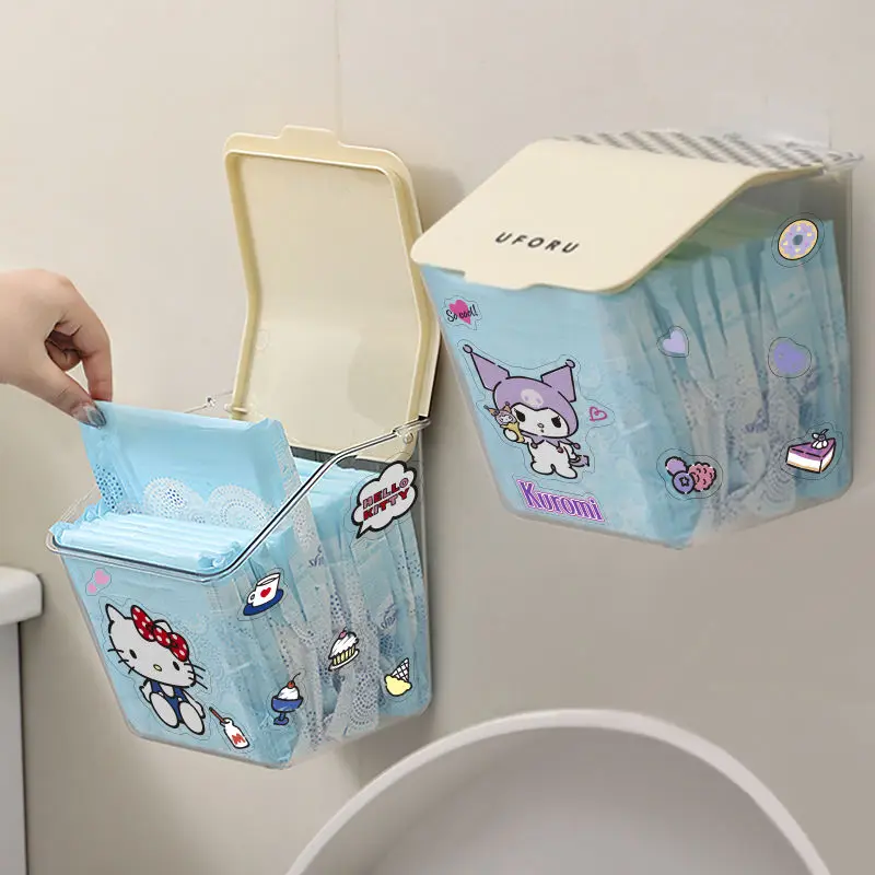 Cute Sanrioed Kuromi My Melody Hellokitty Wall Mounted Storage Box Toilet with Sanitary Pads Waterproof Organizer with Lid