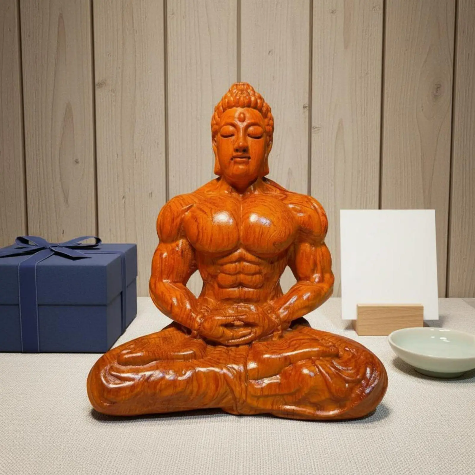 Decorative Muscular Buddha Office Desk Sculpture Ebony Wood Figure for Home Decor and Yoga Studio