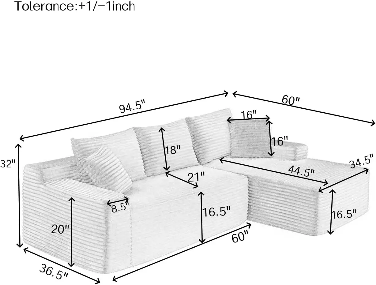 95 Inch L Shaped Cloud Sectional Couch Right Facing Modular Compressed Boneless Sectional Sofa Chaise Lounge Plush Corduroy Corn