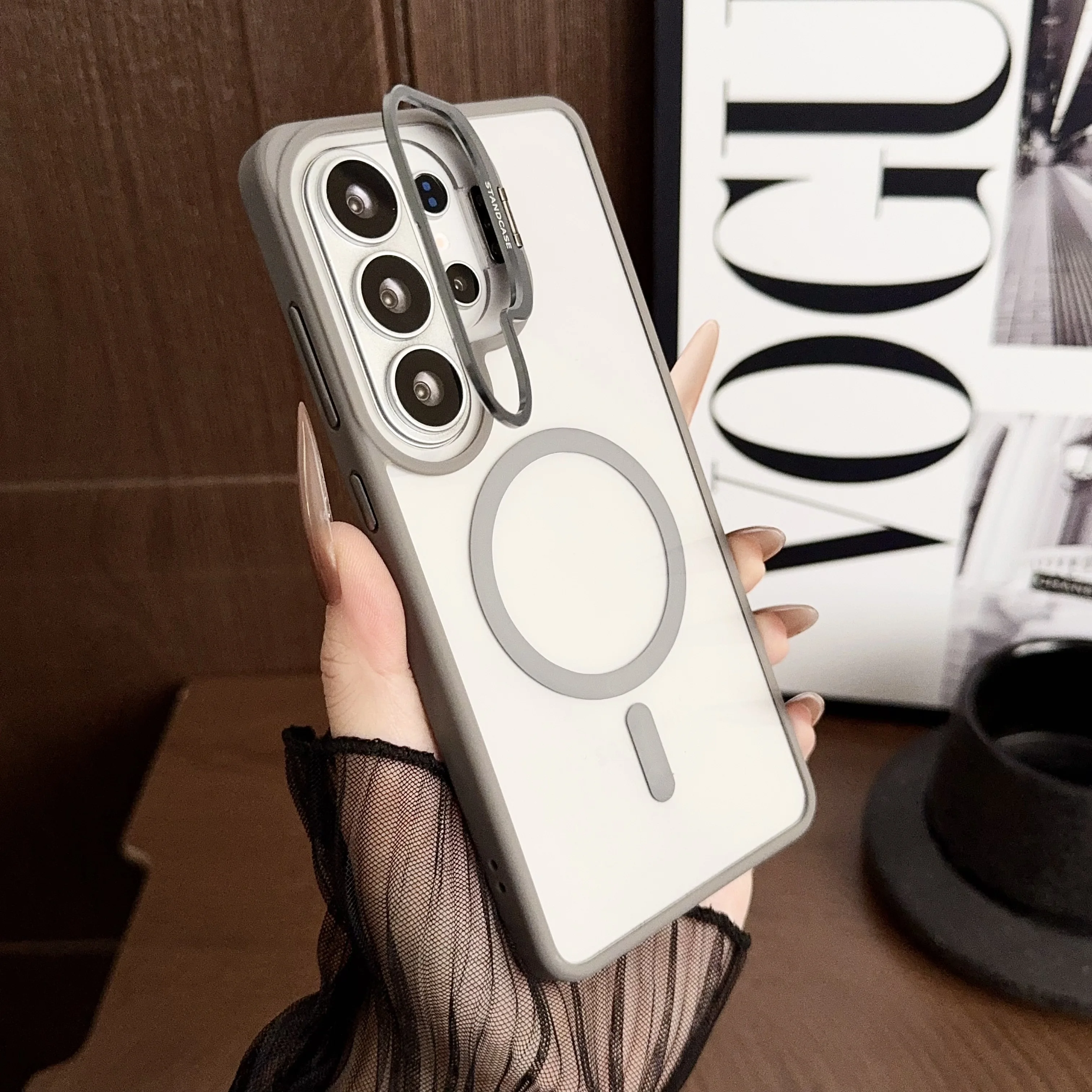 Metal Lens Stand Holder Clear Magnetic Case For Samsung S26 S25 S24 S23 Plus Ultra FE A56 A36 A06 A15 For Magsafe Bumper Cover