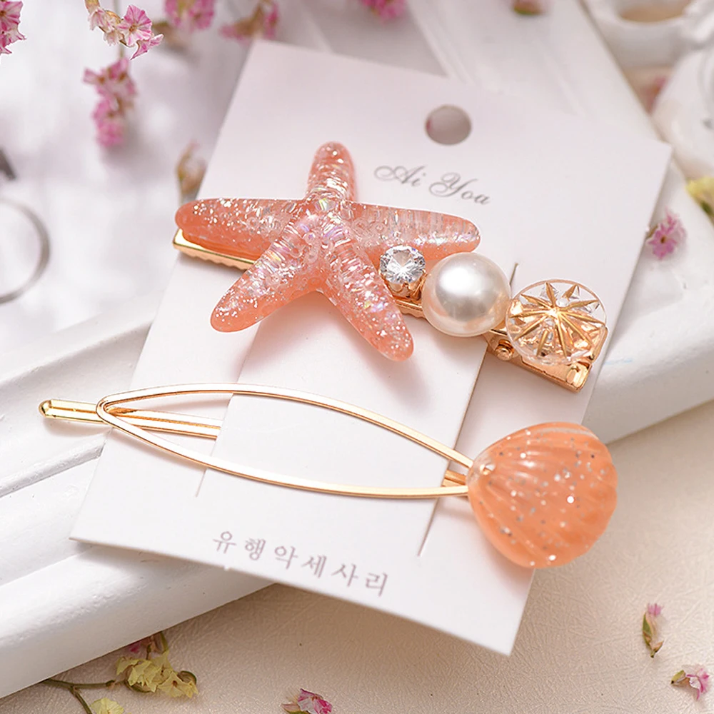 2pcs/Set Glitter Shell Starfish Shaped Hair Clips Rhinestone Pearl Duckbill Barrettes Women Girls Bangs Hairpins Daily Headwear