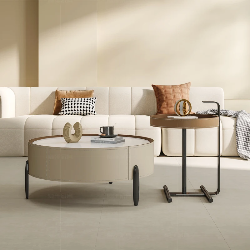 sala de estar casa pequeno apartamento designer mesa de centro redonda de couro