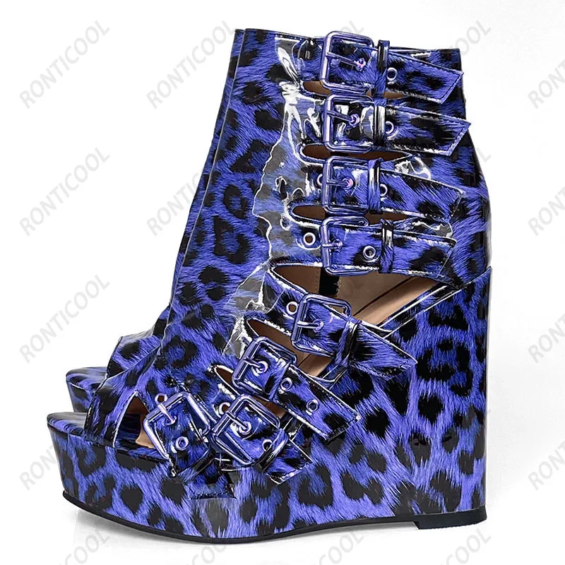 

Ronticool Handmade Women Sandals Buckle Strap Comfort Wedges Heels Open Toe Beautiful Silver Leopard Cosplay Shoes US Size 5-20