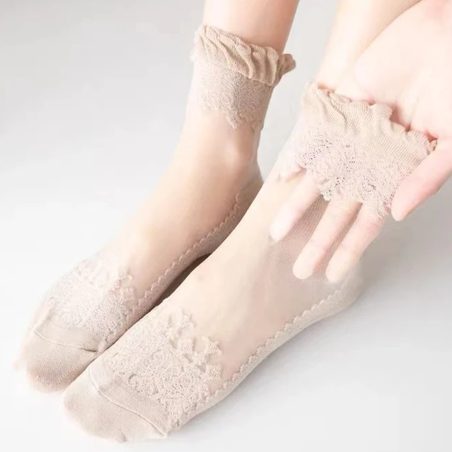 1 par/6 pares de calcetines transparentes dulces de verano calcetines elásticos transpirables para mujer calcetines cortos de encaje ultrafino de seda de cristal para niñas