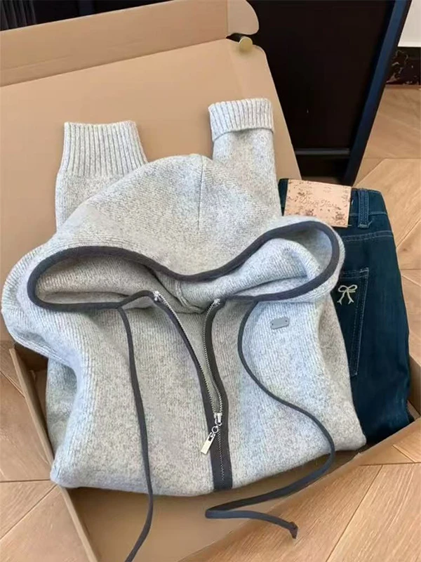 

Extra Large 300 Pou ey Double Zipper Hooded Knitted Open Cardigan Women's Autumn Winter Loose Slimming Soft Sweater