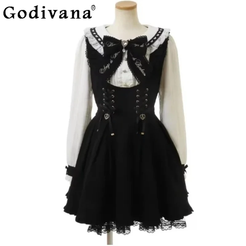 

Large Size Japanese Spring New Sweet Lolita Lace Navy Collar Dress Cute Girl High Waist A-line Long Sleeve College Short Dresses