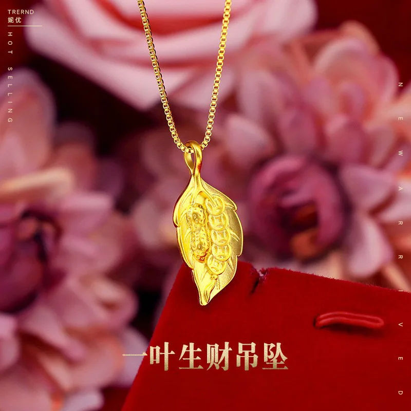 

9999 Real Gold 24K Gold Version Peanut Leaf Necklace Leaf Peanut Copper Coin One Leaf Wealth Necklace