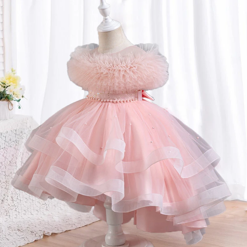 Summer Tulle Princess girl dress Birthday Party trailing Sleeveless Kids Wedding Evening pearl mesh Dresses 4-12Y