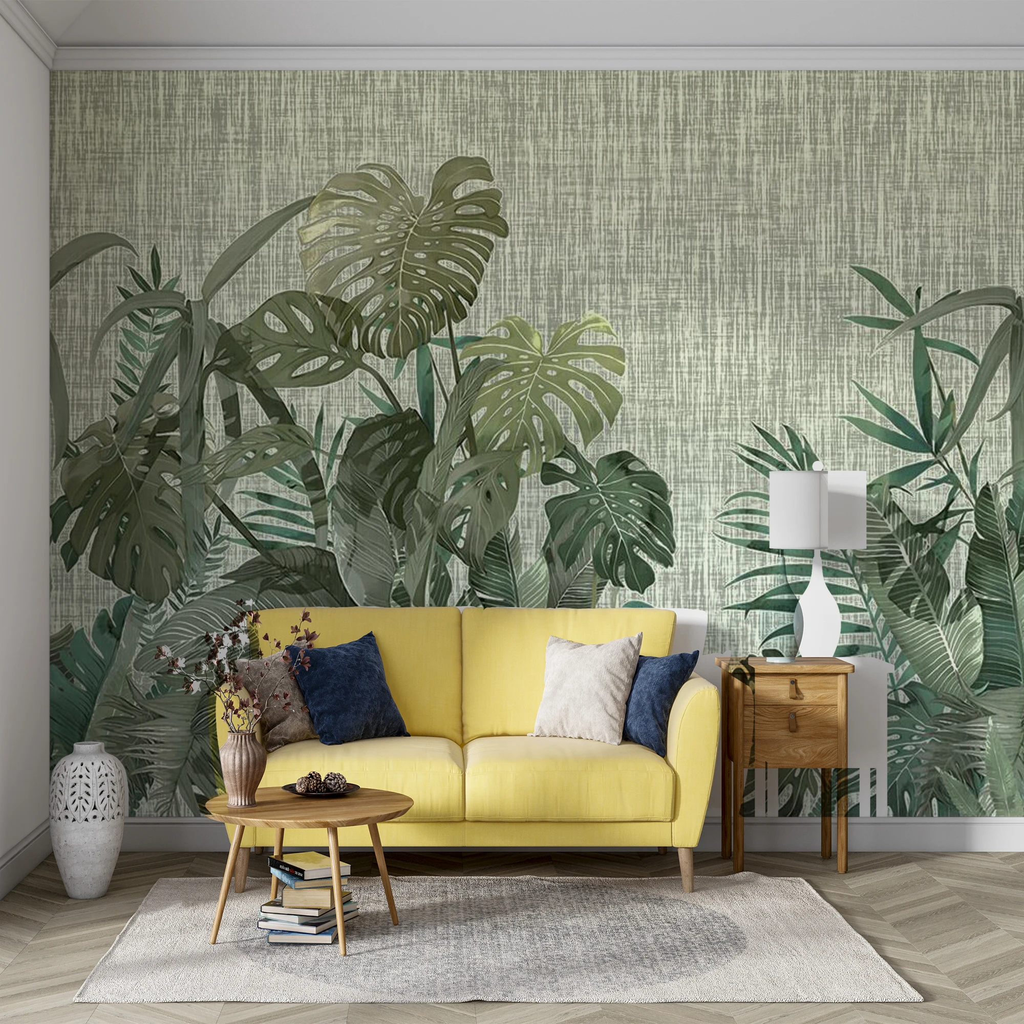 Custom elf‑Adhesive Wall Mural Linen Texture Tropical Monstera Leaf Wallpaper Green Botanical for Living Room Bedroom Decor