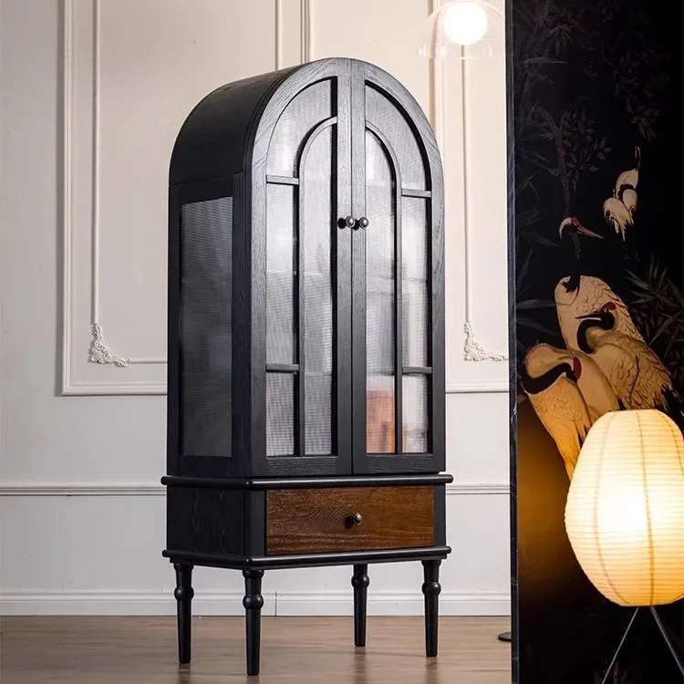 E182 American retro solid wood, arched display cabinet French antique living room, storage, storage cabinet