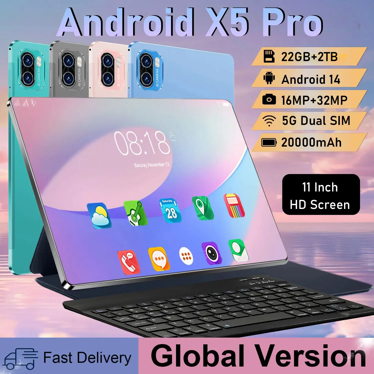 2025 NUEVA versión global X5 Pro Tablet 11 pulgadas HD 4K Android 14 22GB + 2TB 20000mAh 5G Dual SIM Bluetooth WiFi GPS Tablet