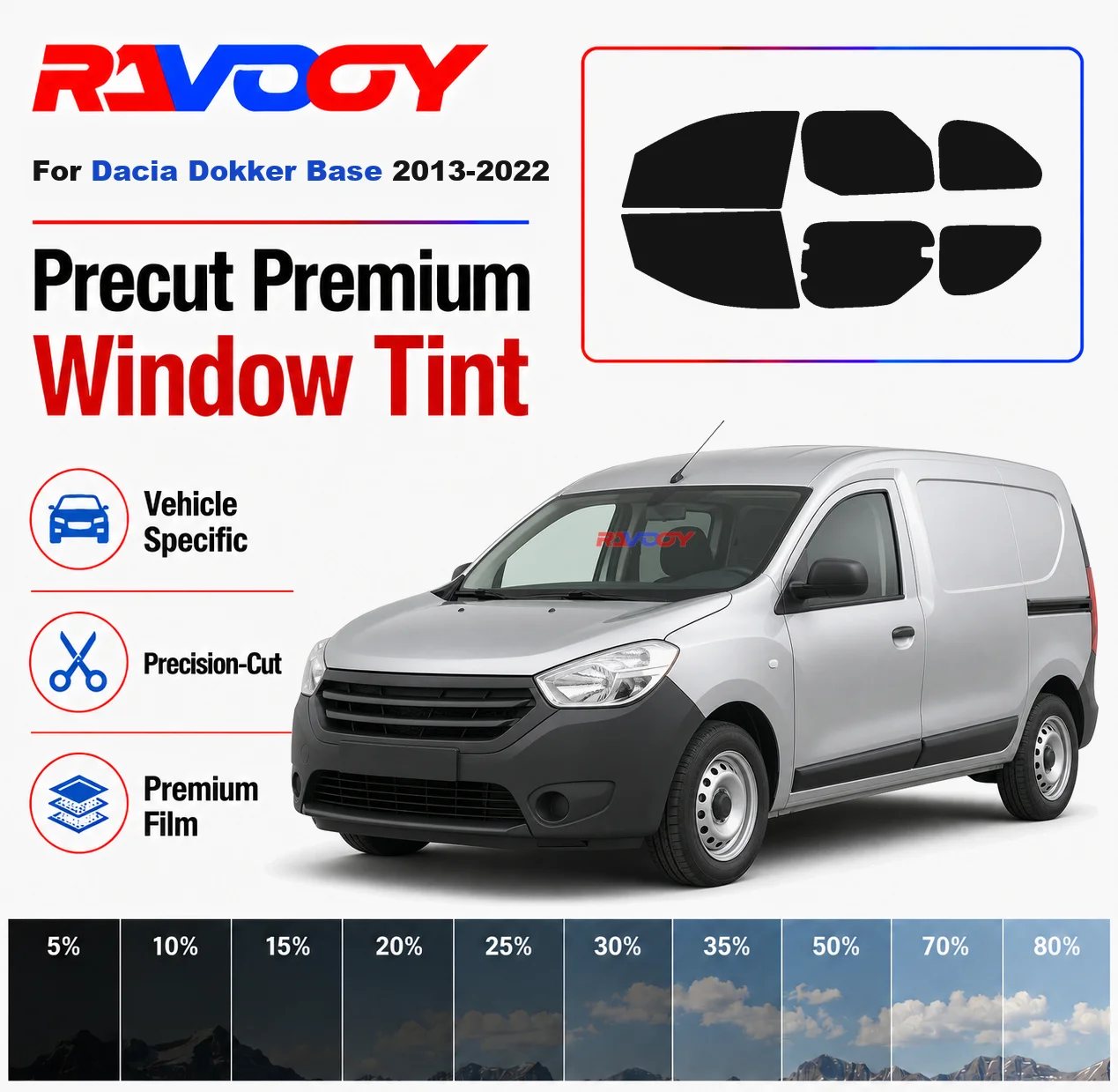 

Premium Precut Window Tint Kit Front Rear Windows Rear Windshield For Dacia Dokker Base 2013-2022 Complete Set Nano Ceramic Film