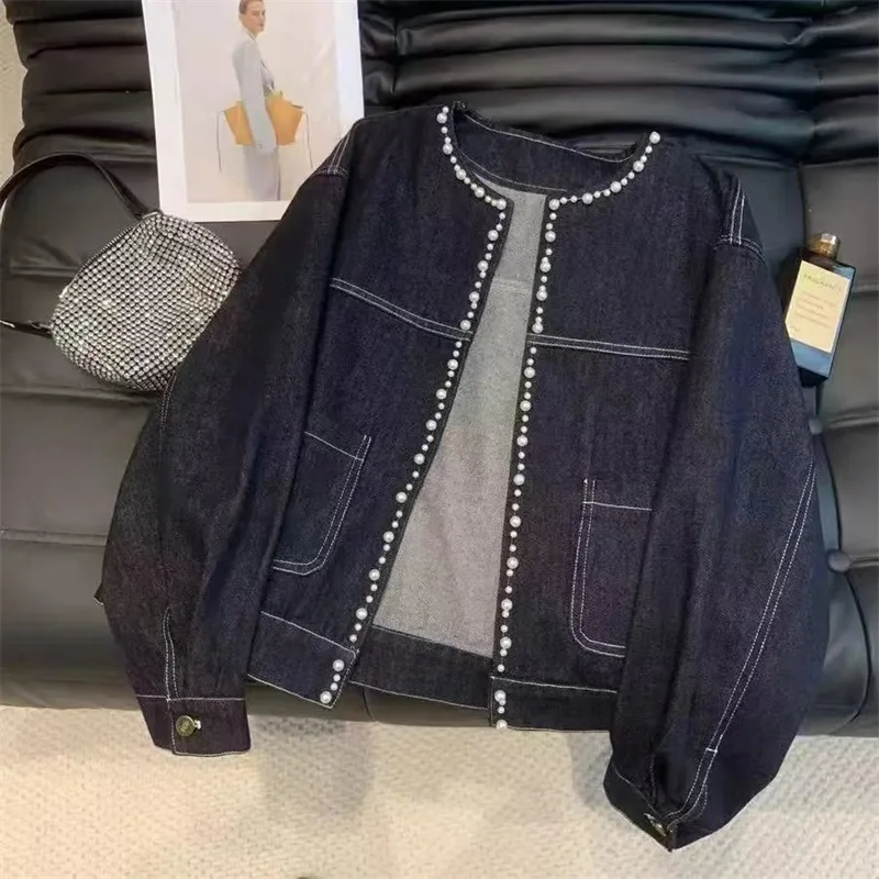 

Новая джинсовая куртка укороченного фасона на весну-осень 2026 года, модная, с круглым вырезом, однотонная, в стиле Heavy Industry, женское джинсовое пальто