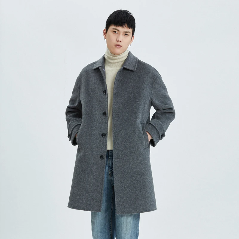 Winter New Men's Long-Cut Coat 100% Pure Wool Polo Collar Buckle Coat Trendy Men's Jacket Top Thick and Comfortable All-Matching