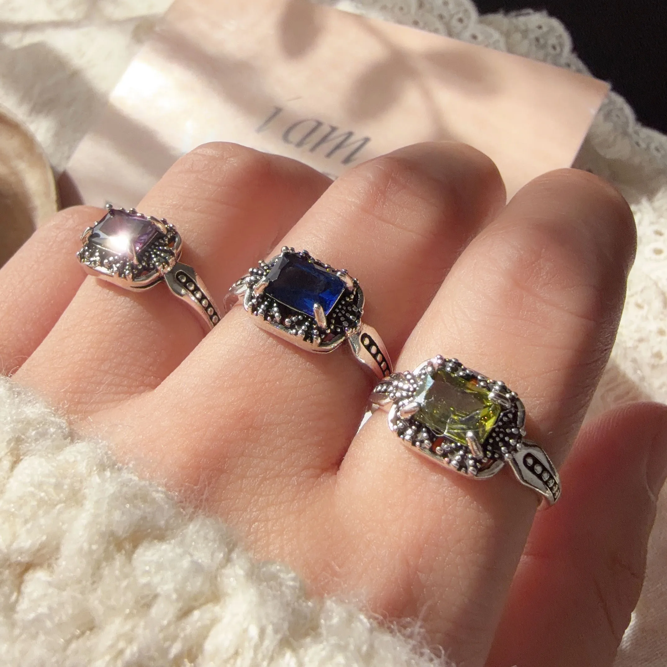 925 Sterling Silver Rings For Women Geometric Fine Jewelry Finger Adjustable Vintage Blue Stone Ring For Party Birthday Gift