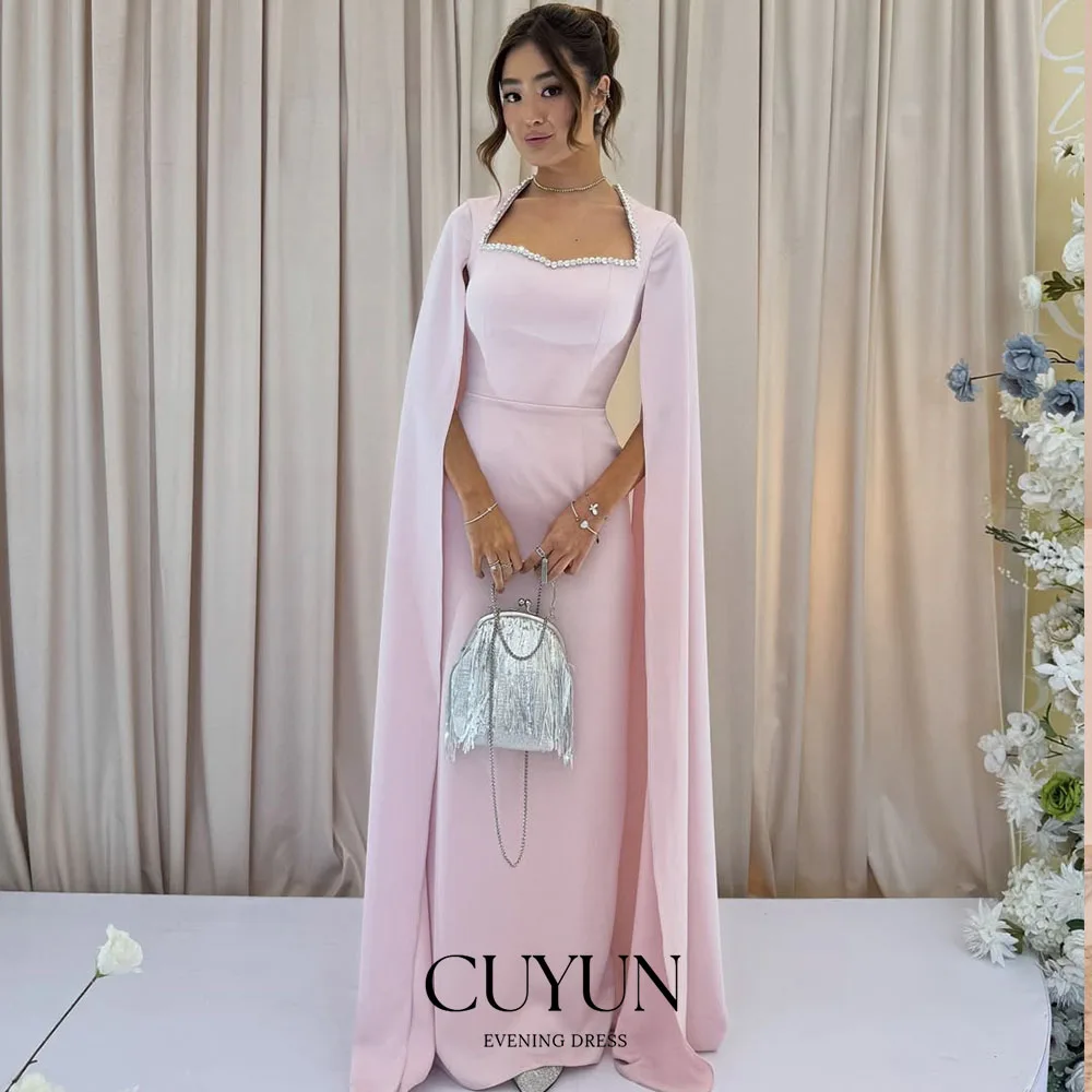 

CUYUN розовое женское вечернее платье с накидкой и рукавами, элегантное вечернее платье длиной до пола с воротником из бисера, платье для дня рождения, выпускного вечера, вечернее платье по индивидуальному заказу