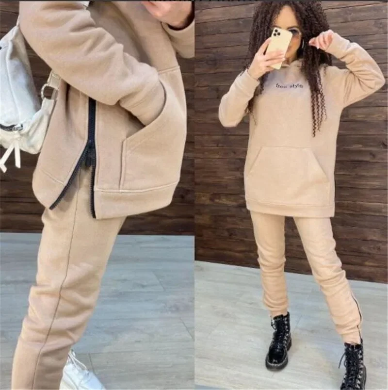 Winter Fashion Casual Two-piece Sportswear Ladies Warm Oversized Sweatshirt Hoodie Sports Jogging Suit Ladies Women Clothing