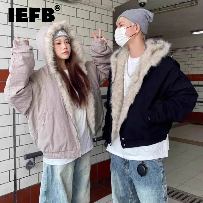 IEFB Thick Men\'s Padded Coats Casual Fur Collar Hooded Korean Style Solid Color Fleece Winter Loose Male Jacket Trend New 9C8612