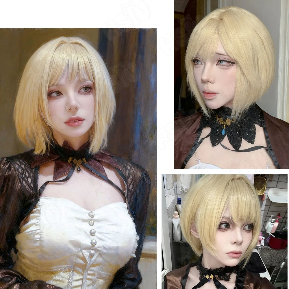 Sayless شعر مستعار تأثيري HSIU 35 سنتيمتر الذهب الشعر القصير مقاومة للحرارة الباروكات + غطاء شعر مستعار لعبة ErroR الخلاص Sayless شعر مستعار تأثيري #2