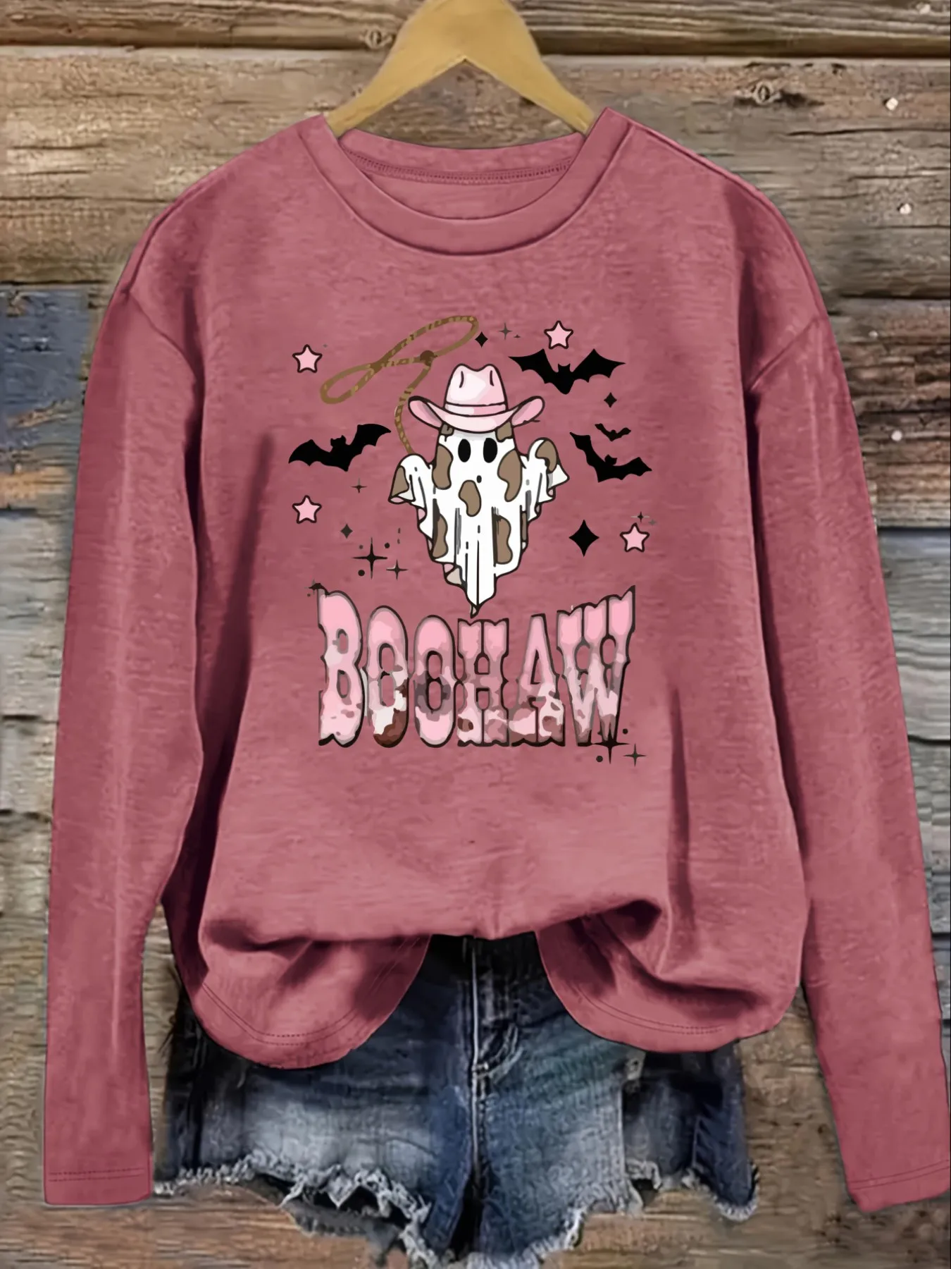 Women's Casual Long Sleeve Crew Neck T-Shirt Cowboy Ghost Boo Haw Print Design, Round Neck Women's Clothing, Machine Washable, Slightly Elastic, Loose Fit, Spring Autumn Winter Women's T-Shirt, Halloween Costume Outfit view 3