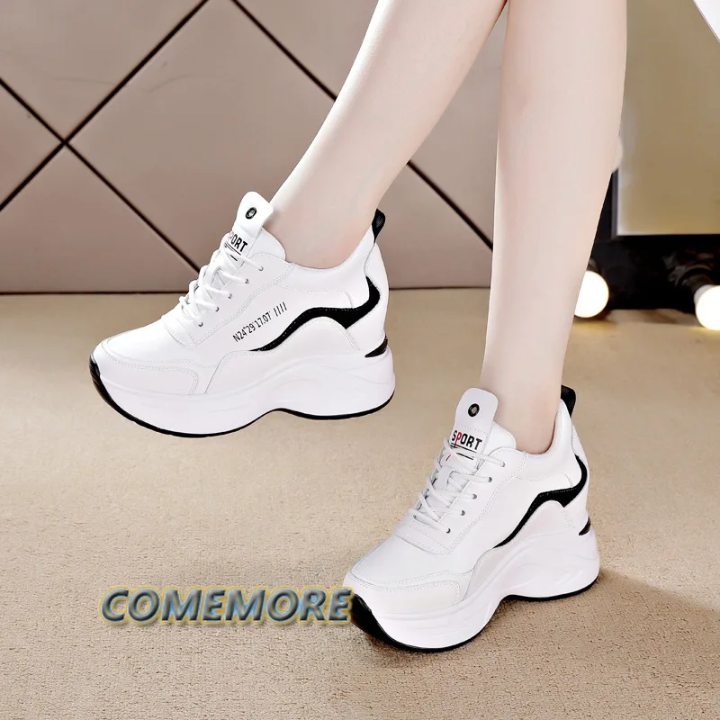 Women's Leather Platform Sneakers Spring White Shoes High Heels Wedge Outdoor Sport Shoes Breathable Round Toe Casual Shoes New